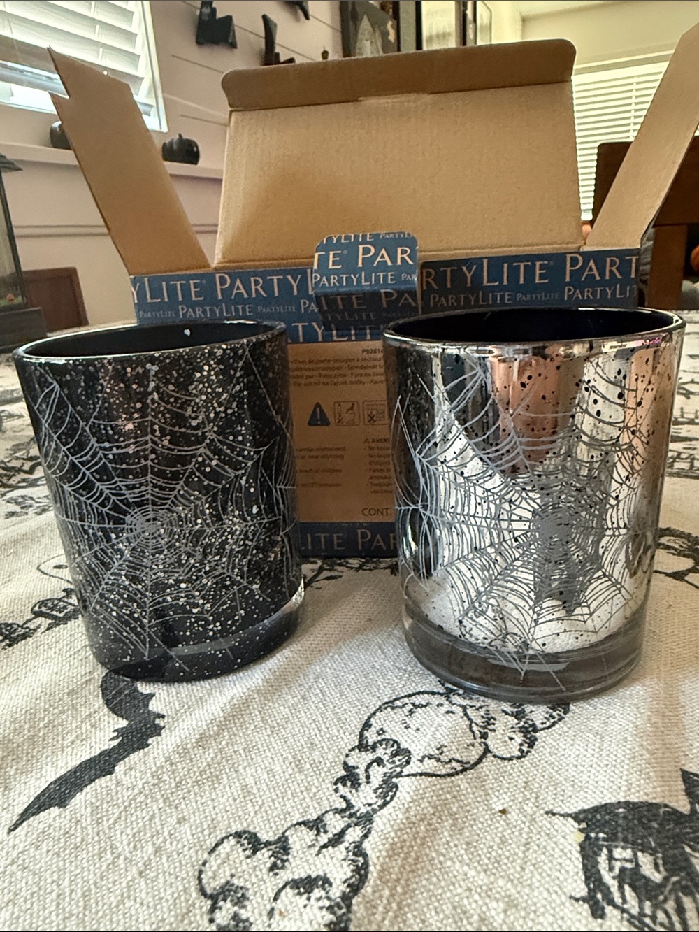 PartyLite Black & Silver Spiderweb Glass Votive Pair